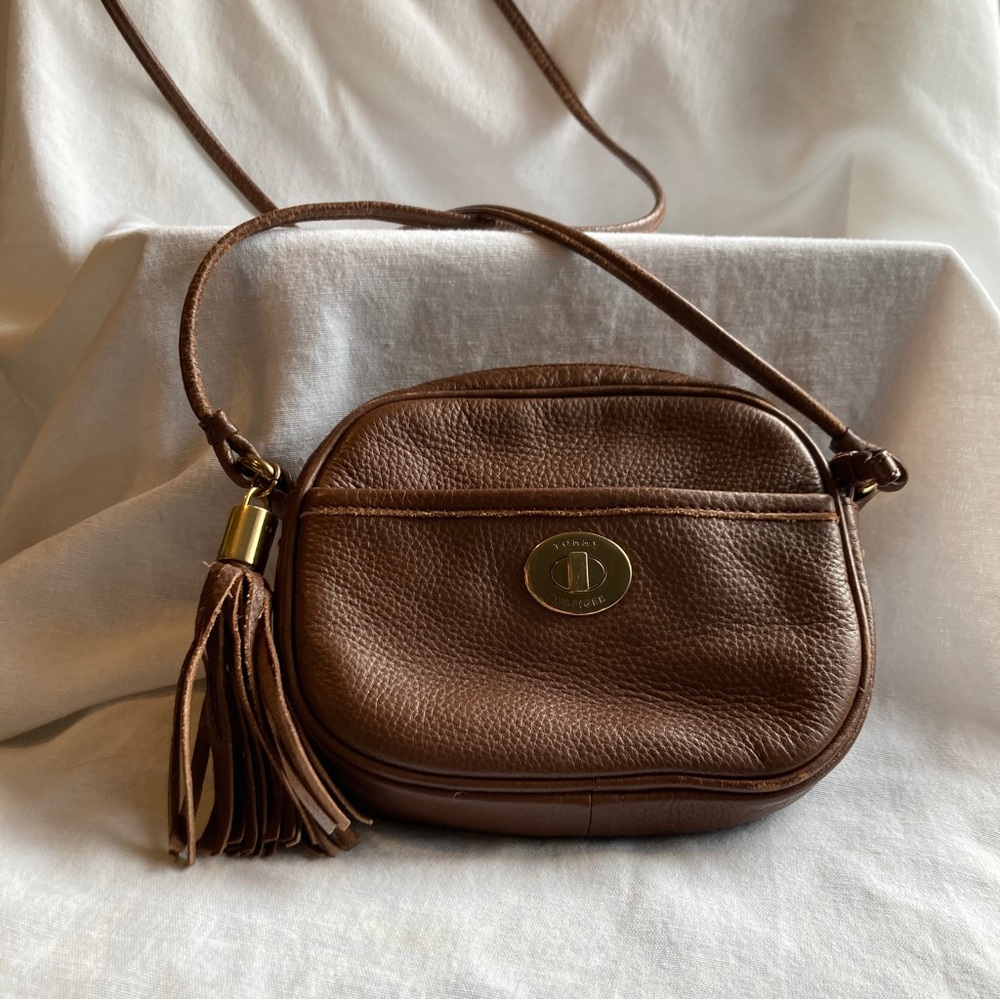 Tommy Hilfiger vintage crossbody bag with tassel, brown, back zippered pocket